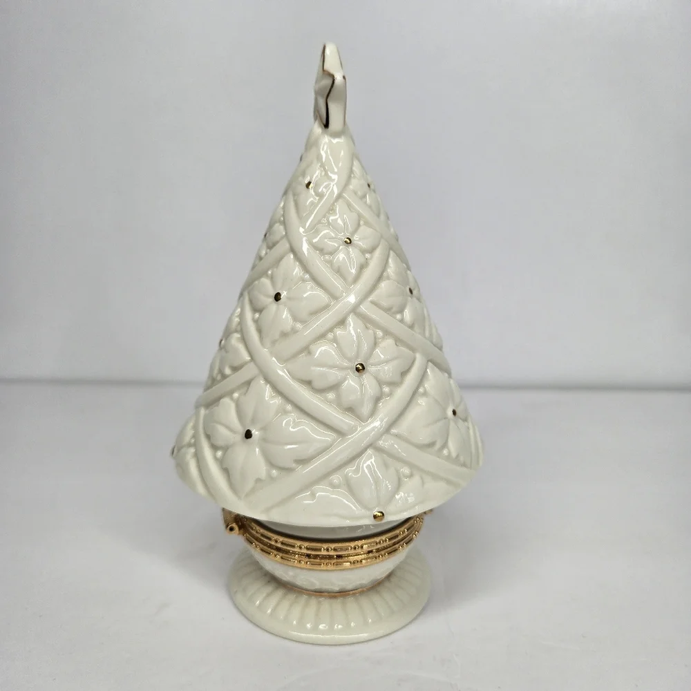 Vtg Ceramic Christmas Tree Hinged Trinket Box White‎ Gold Stars Holiday Decor